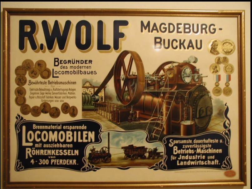 Oude reclameplaat van R. Wolf uit Magdeburg-Buckau voor locomobielen