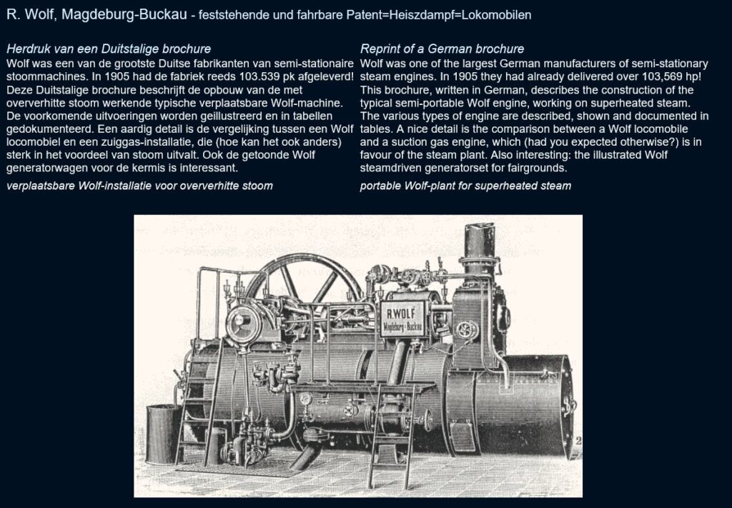 Pagina uit een Duitstalige brochure over de stoommachines van R. Wolf