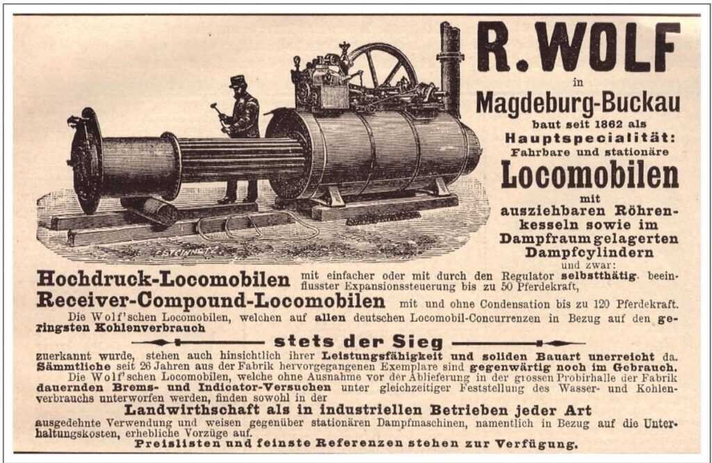Oude advertentie van R. Wolf voor locomobielen