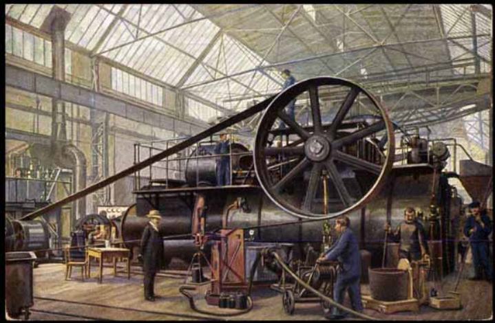 Historische foto van een grote Wolf-stoommachine in een fabriekshal